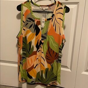 LOFT Women's Sleeveless Tropical Blouse - Green, Orange, Black